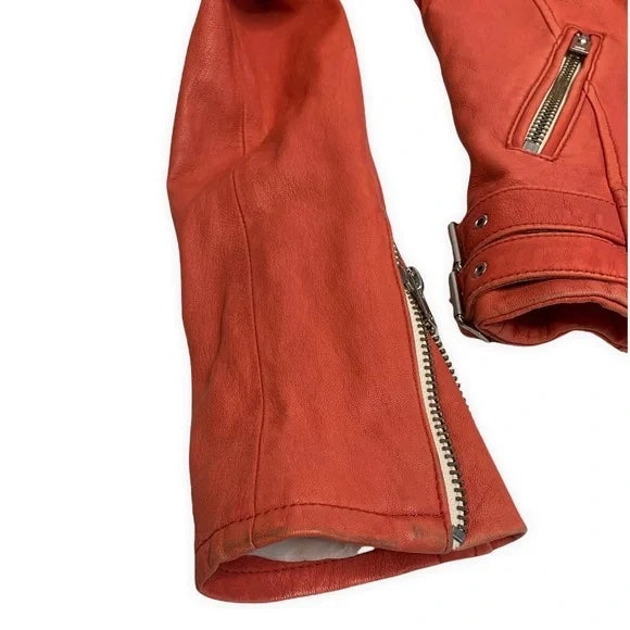 IRO Zefir Cropped Leather Zip Jacket, Light Red Orange Coral lamb leather Moto