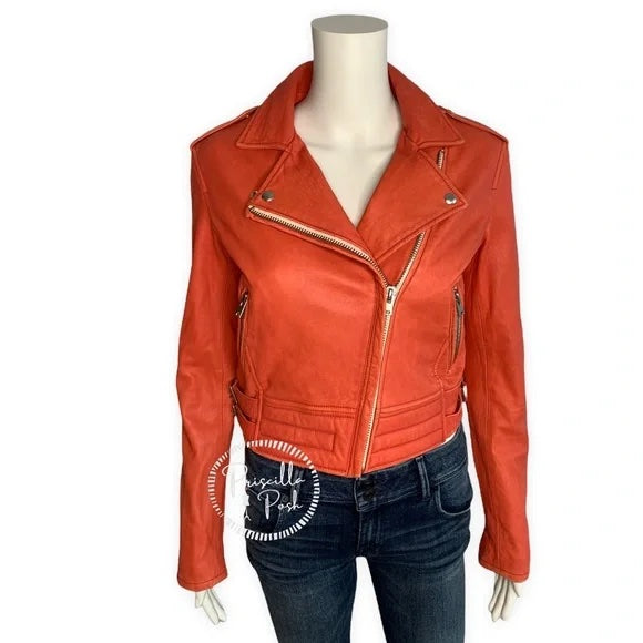IRO Zefir Cropped Leather Zip Jacket, Light Red Orange Coral lamb leather Moto