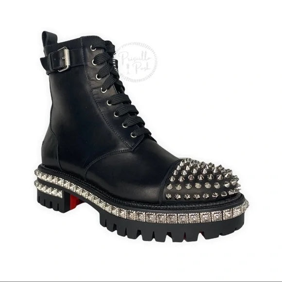 NWT CHRISTIAN LOUBOUTIN King Street Spike Combat Boot In Black/ Silver Spikes