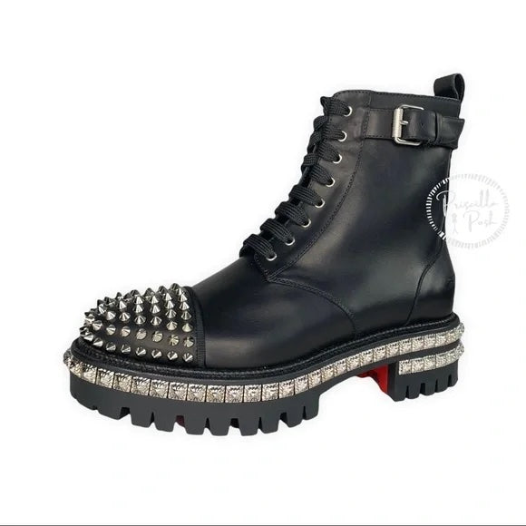 NWT CHRISTIAN LOUBOUTIN King Street Spike Combat Boot In Black/ Silver Spikes