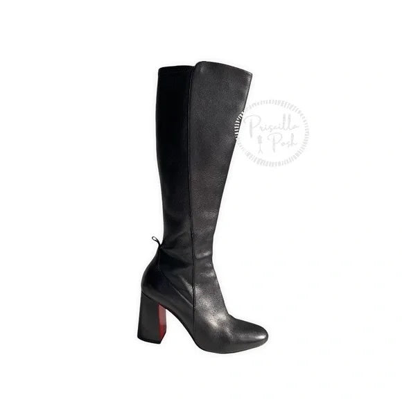 Christian Louboutin Kronobotte 85 Black Calf Leather Block Heel Knee High Boots