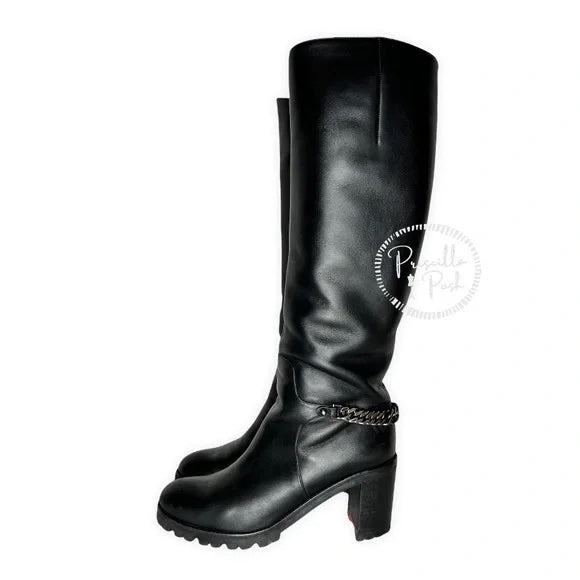 Christian Louboutin Napoleo 70 black leather chain boot combat chunky block heel 37.5
