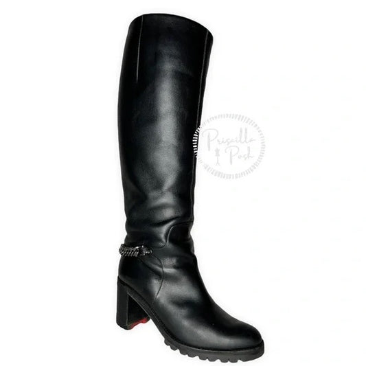 Christian Louboutin Napoleo 70 black leather chain boot combat chunky block heel 37.5