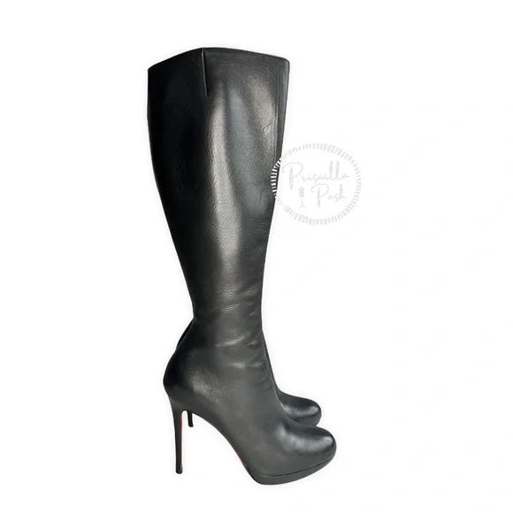 Christian Louboutin Black Alti Botte Leather Platform Knee High Heel Boots Tall 39.5