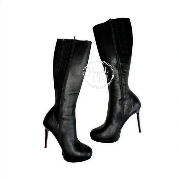 Christian Louboutin Black Alti Botte Leather Platform Knee High Heel Boots Tall 39.5
