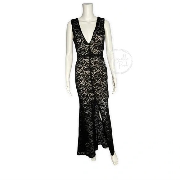 Alice + Olivia Black Mia Formal Dress Lace V-neck open back front slit maxi gown 2