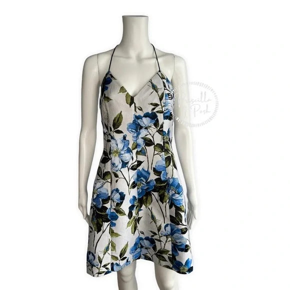 NWT Alice + Olivia Tayla Mini Dress in White & Multi Blue Floral Fit and Flare