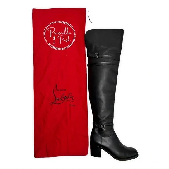 Christian Louboutin Calfskin Over The Knee Boots Black Leather Boots 37.5