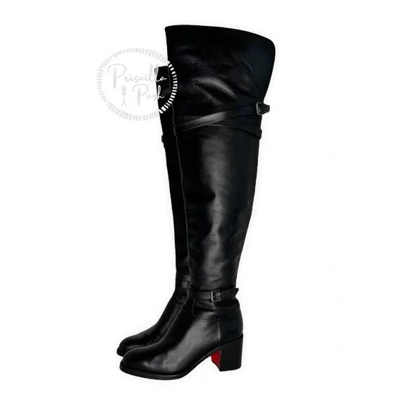 Christian Louboutin Calfskin Over The Knee Boots Black Leather Boots 37.5