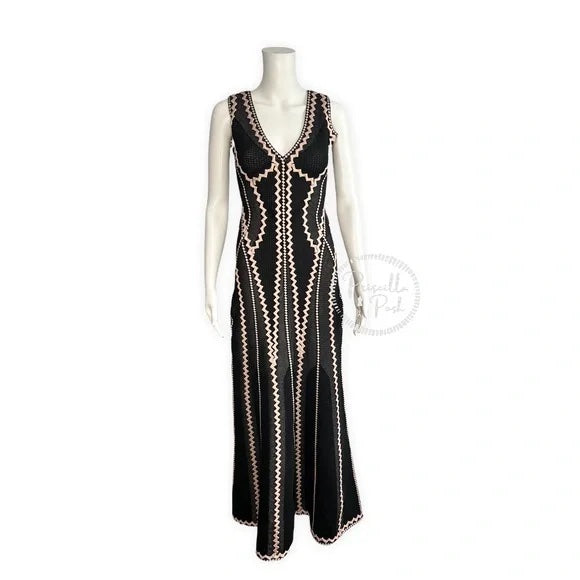 Hervé Leger Lineisy Zigzag Black Fluted Jacquard Knit Gown Formal Dress Maxi