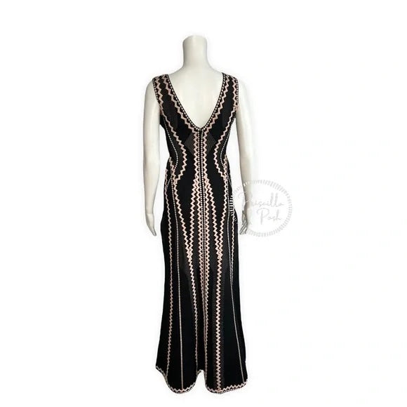 Hervé Leger Lineisy Zigzag Black Fluted Jacquard Knit Gown Formal Dress Maxi