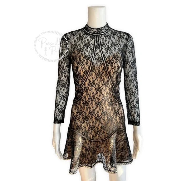 Alexander Wang Long Sleeve Contoured Mini Dress in Black Lace Sheer Nude Slip