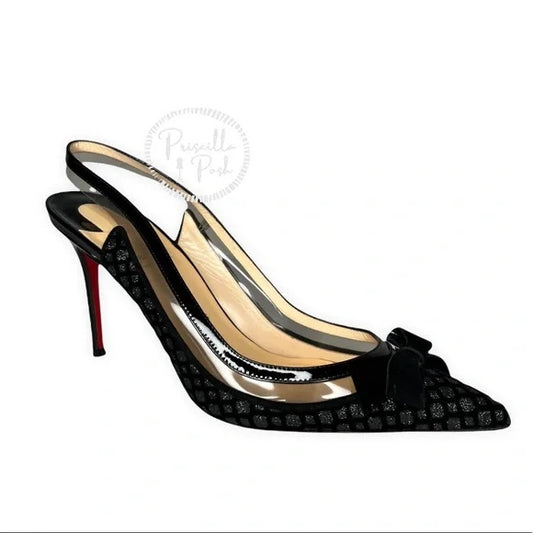 Christian Louboutin Suspenodo Flocked Slingback Pump Black Glitter Bow PVC Heels