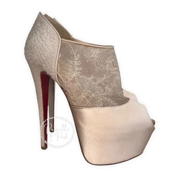 Christian Louboutin Aeronotoc 160 Booties Satin Lace Platform Ankle Boots Nude 38