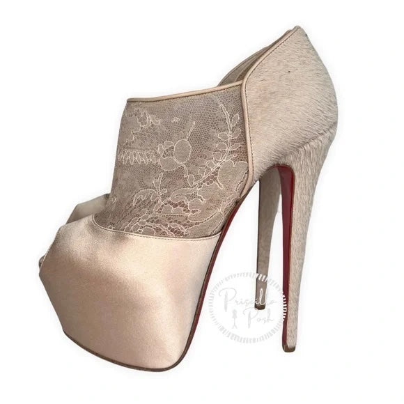 Christian Louboutin Aeronotoc 160 Booties Satin Lace Platform Ankle Boots Nude 38