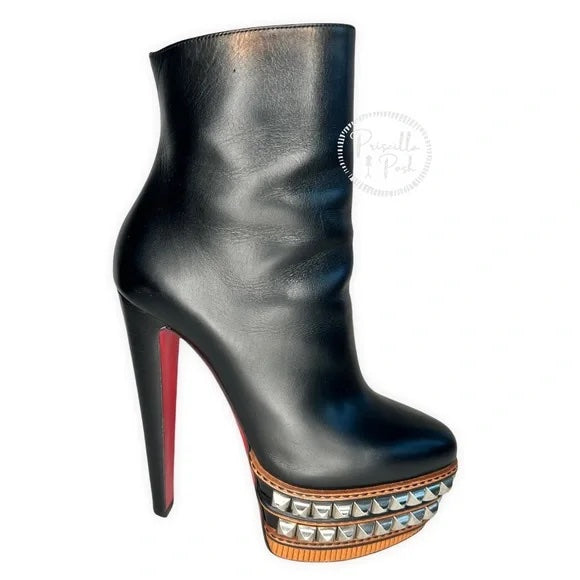 Christian Louboutin Black Leather Stud Platform Red Sole Booties Ankle Boots 38.5