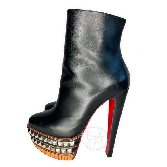 Christian Louboutin Black Leather Stud Platform Red Sole Booties Ankle Boots 38.5