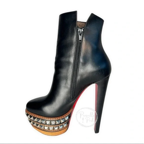 Christian Louboutin Black Leather Stud Platform Red Sole Booties Ankle Boots 38.5