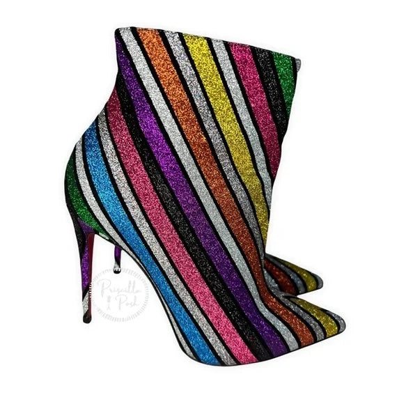Christian Louboutin Multicolor So Kate 100 Striped Rainbow Glitter Heels Boots 36