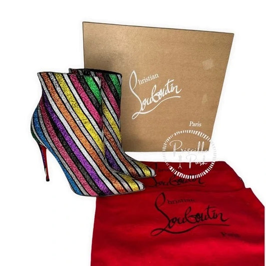 Christian Louboutin Multicolor So Kate 100 Striped Rainbow Glitter Heels Boots 36