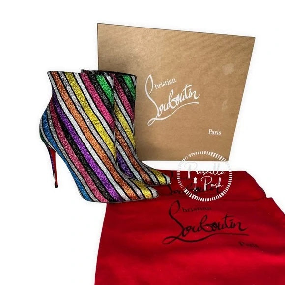 Christian Louboutin Multicolor So Kate 100 Striped Rainbow Glitter Heels Boots 36