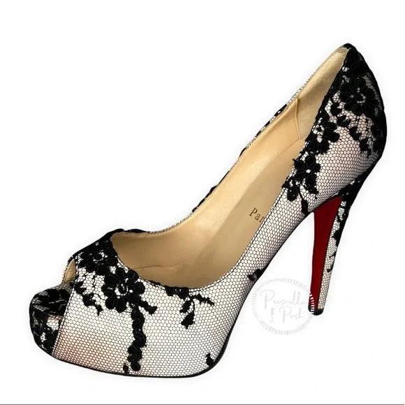 NEW Christian Louboutin Black/Light Pink Lace and Satin Very Prive Peep Toe 36.5