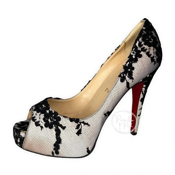 NEW Christian Louboutin Black/Light Pink Lace and Satin Very Prive Peep Toe 36.5