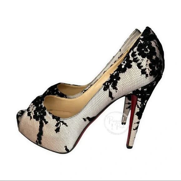 NEW Christian Louboutin Black/Light Pink Lace and Satin Very Prive Peep Toe 36.5