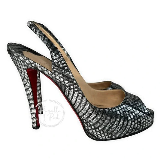 Christina Louboutin Metallic Python Private Number 120 Pumps Slingback Peep toe 37