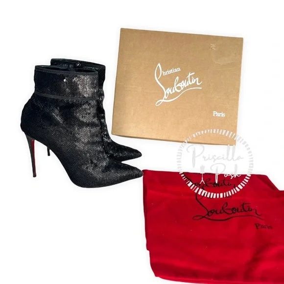 Christian Louboutin Moula Kate Sequin Red Sole Booties Black Ankle Boots Heeled 41