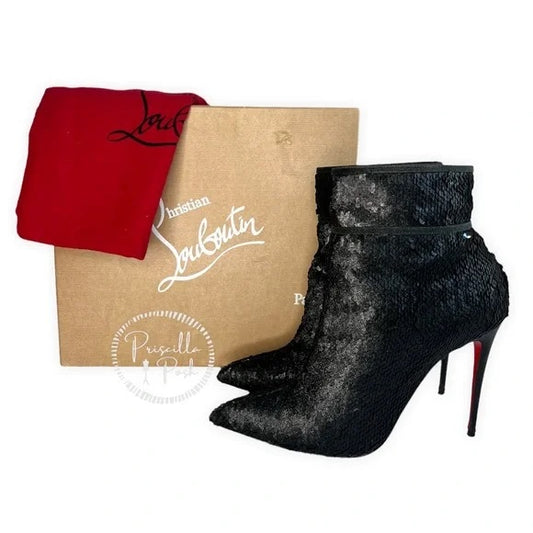 Christian Louboutin Moula Kate Sequin Red Sole Booties Black Ankle Boots Heeled 41