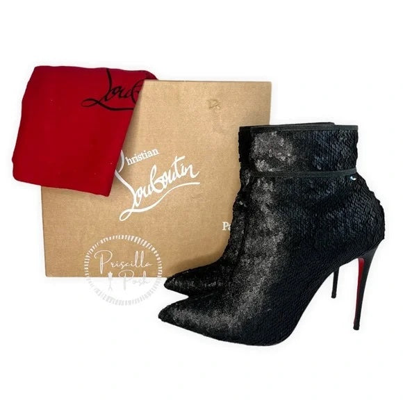 Christian Louboutin Moula Kate Sequin Red Sole Booties Black Ankle Boots Heeled 41