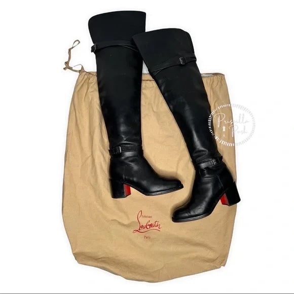 Christian Louboutin Calfskin Over The Knee Boots Black Leather Boots Thigh High 37