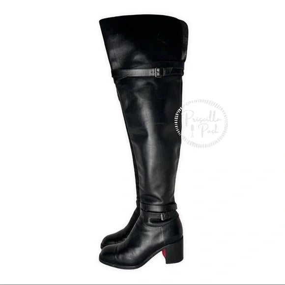 Christian Louboutin Calfskin Over The Knee Boots Black Leather Boots Thigh High 37