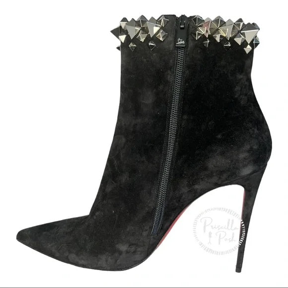 NWT Christian Louboutin Firmamma Suede Spike Red Sole Booties Black Ankle Boot 40