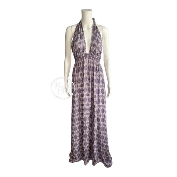Loveshackfancy Purple Print Halter Neck 100% Silk Maxi Dress