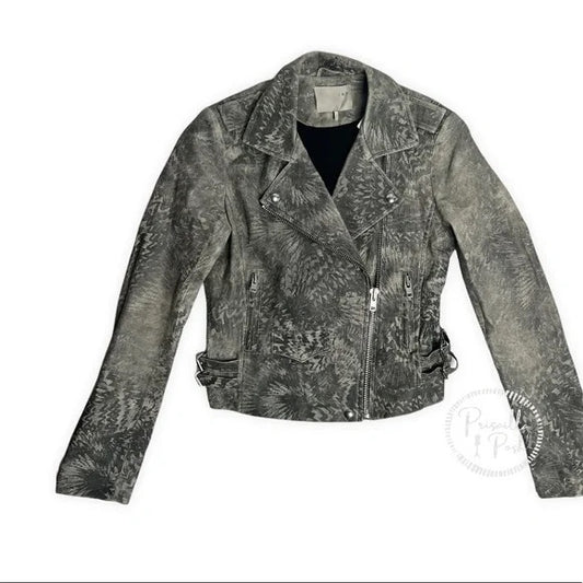 IRO Salinas wash print leather jacket grey ivory biker jacket Moto jacket crop Small