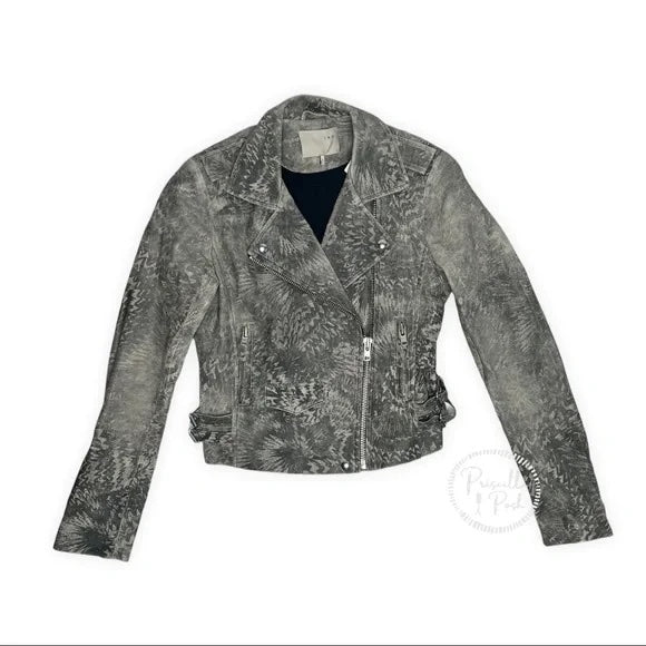 IRO Salinas wash print leather jacket grey ivory biker jacket Moto jacket crop Small