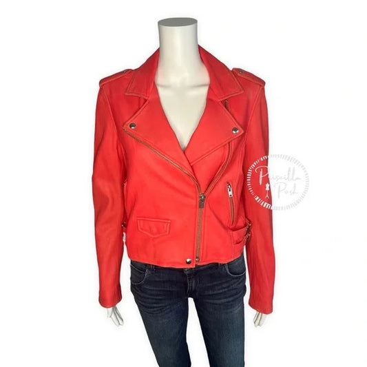 IRO Ashville Coral Red leather Moto Jacket Motorcycle Cropped Leather Jacket 42
