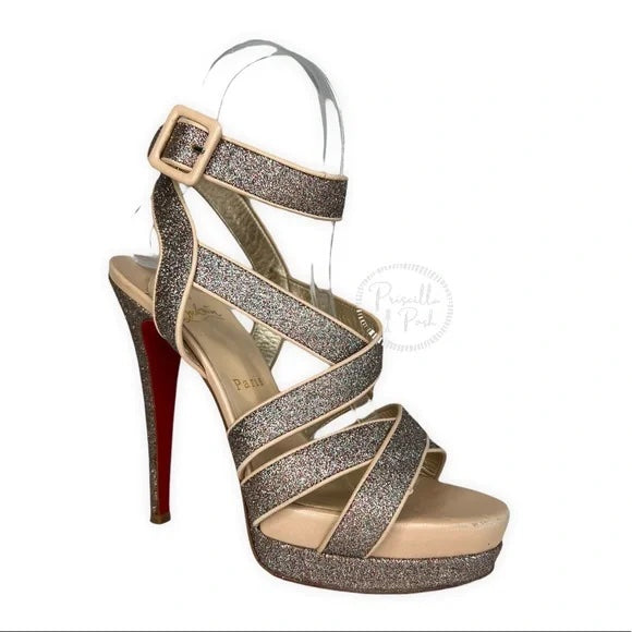 Christian Louboutin Silver Glitter Straratata Strappy Platform Sandals Size 39