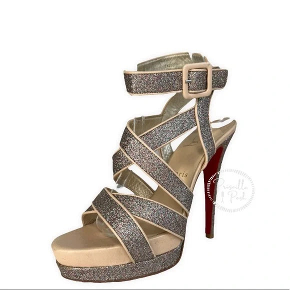 Christian Louboutin Silver Glitter Straratata Strappy Platform Sandals Size 39