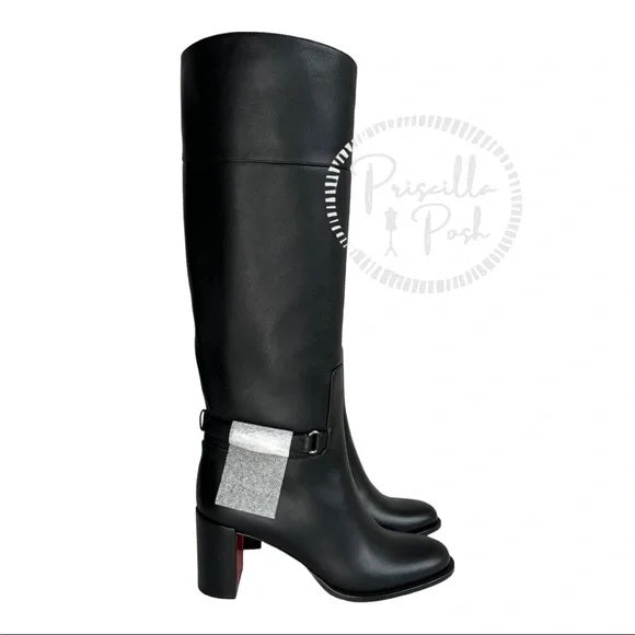 NEW Christian Louboutin Black Lock 70 Leather Knee-high Boots Tall Block heel chunky 37.5