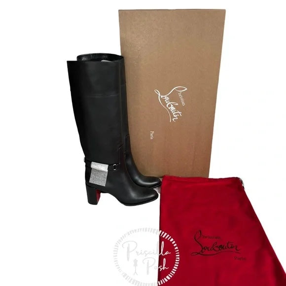 NEW Christian Louboutin Black Lock 70 Leather Knee-high Boots Tall Block heel chunky 37.5