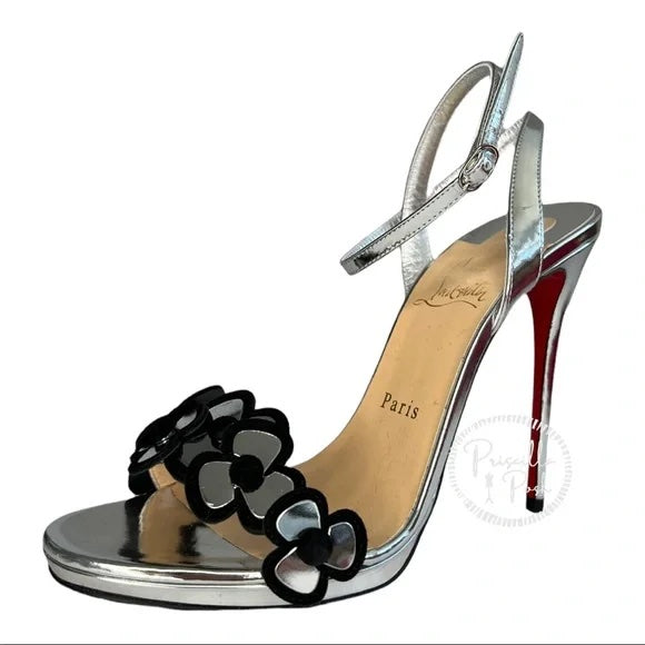 NEW Christian Louboutin Pansy Queen Metallic Leather Ankle-strap Sandals Silver