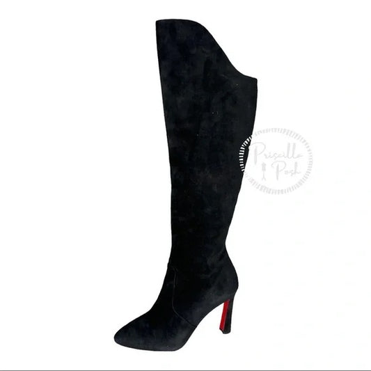Christian Louboutin Eleonor Tall Suede Boots Black Suede Leather Heeled Boots 40