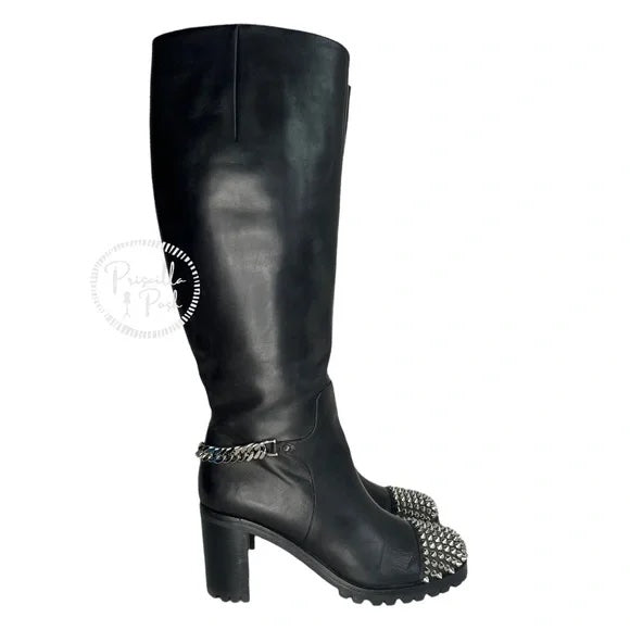 Christian Louboutin Black Napoleona Leather Spiked-toe Knee Boots Block Heel