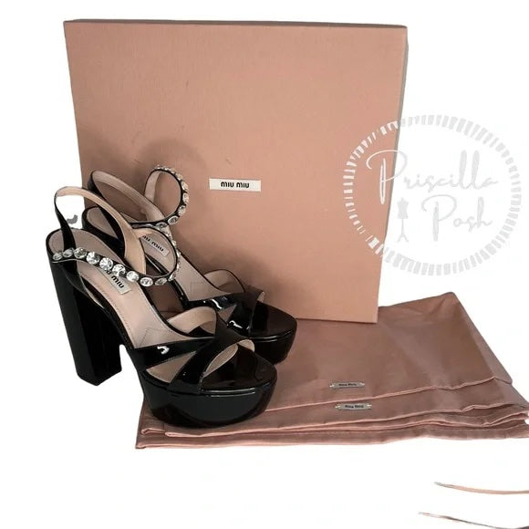 Miu Miu Black patent Leather Embellished Ankle Strap Platform Sandals Block Heel