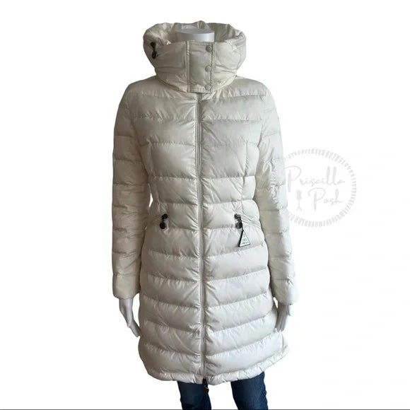 Moncler Ivory White Long Puffer Jacket Goose Down Flamme Puffer Jacket With Hood