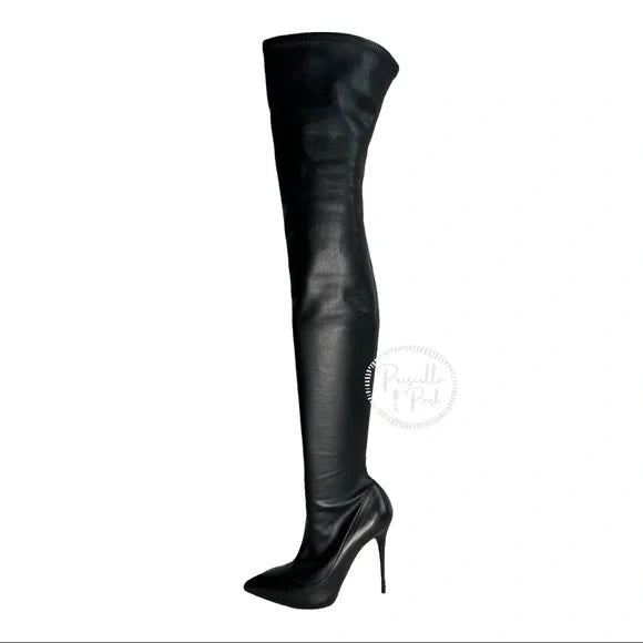 Alexander McQueen Over-the-Knee Stretch Leather Boots Black Leather Thigh High 36.5