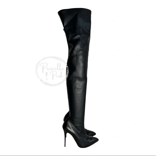 Alexander McQueen Over-the-Knee Stretch Leather Boots Black Leather Thigh High 36.5